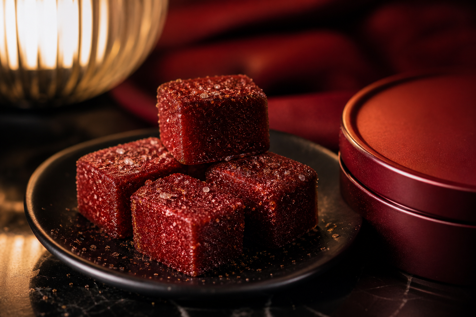 Close-up of ruby chewable cubes with warm spice sugar texture