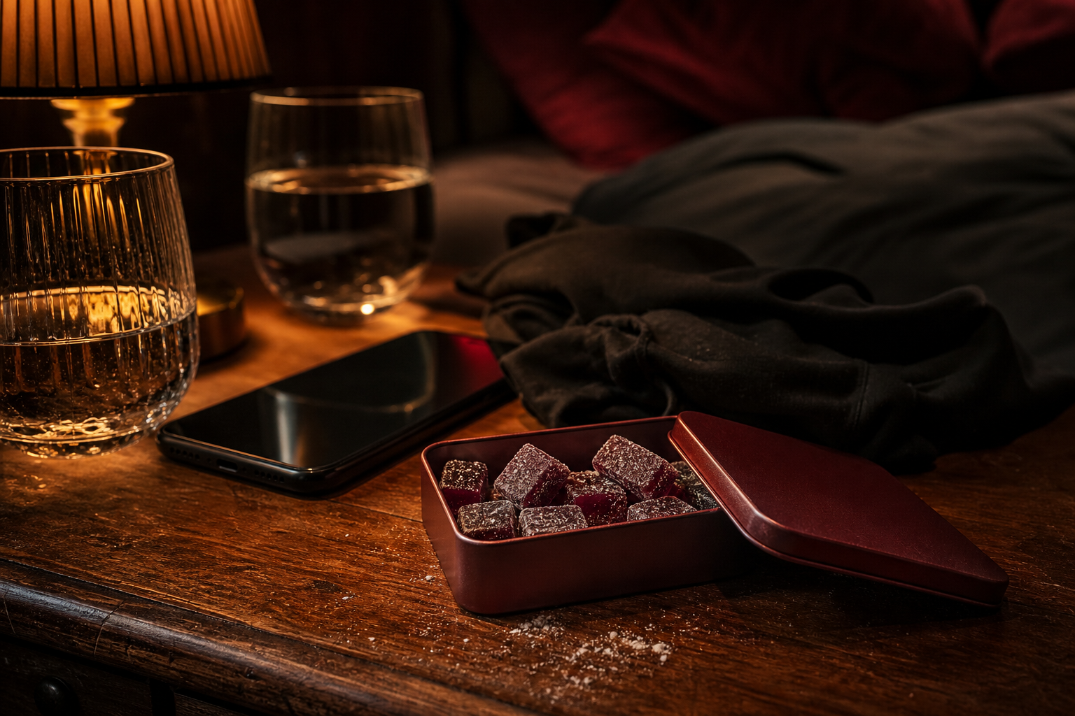 Ember Chews burgundy tin with ruby date-night cubes on a warm bedside table