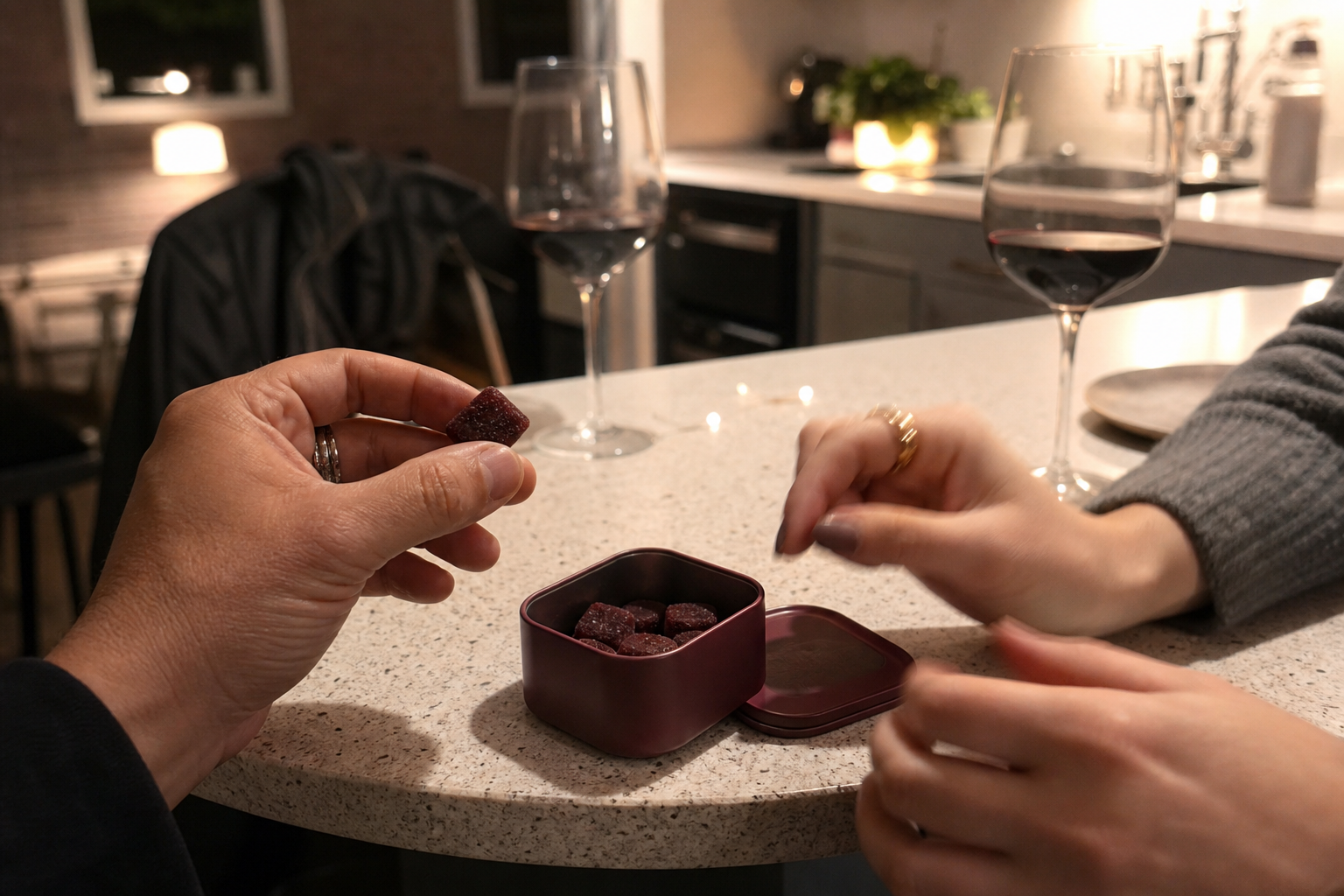 Hands sharing a discreet date-night chew cube beside a burgundy tin