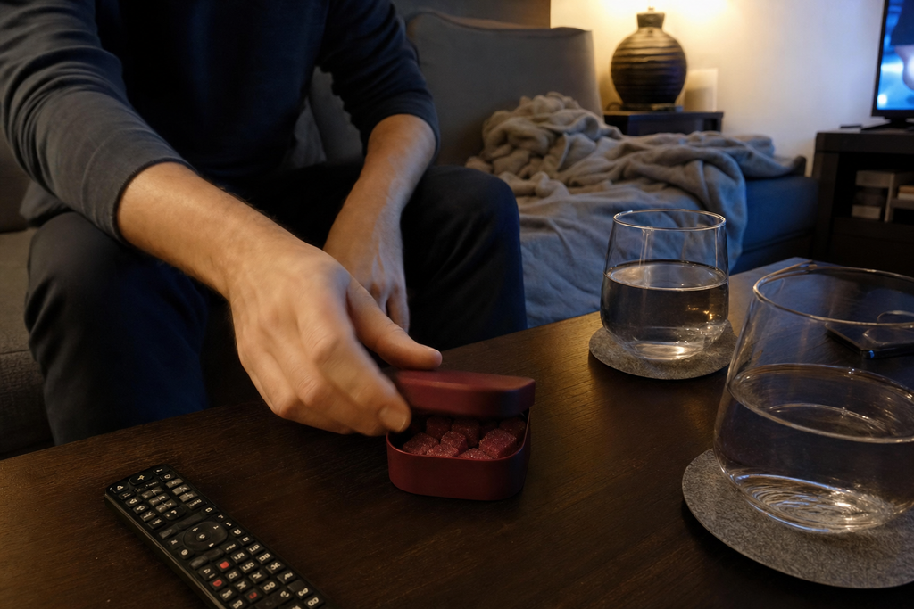 Discreet adult wellness cube tin on a couch-side coffee table before date night